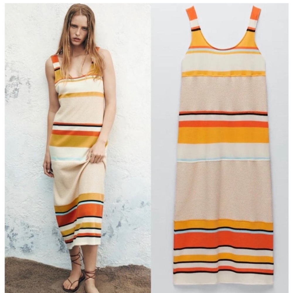 Zara Womens Sleeveless Contrasting Midi Knit Dress Multicolors